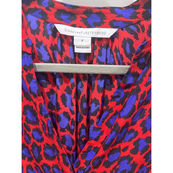 Diane Von Furstenberg Red Blue Leopard Print Shirt Mini Dress Sz 8 - Picture 3 of 7